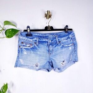 Festival Denim Shorts XS 2 AMERICAN EAGLE Light Wash Blue‎ Y2K Distressed 30x2.5